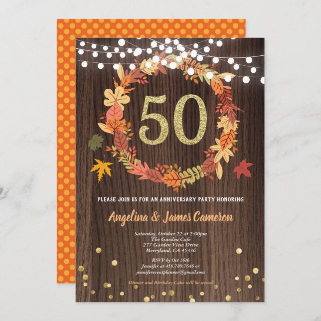 Golden 50th anniversary thanksgiving wreath wood invitation (Front/Back)