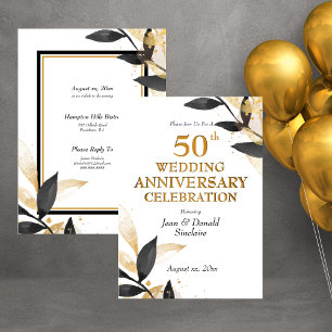 Golden 50th Wedding Anniversary, Black and Gold In Invitation