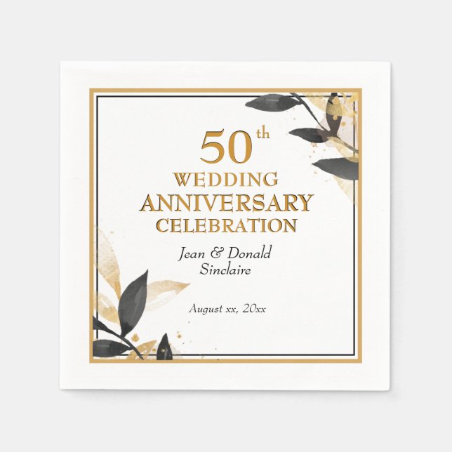 Golden 50th Wedding Anniversary Black and Gold Napkin (Front)