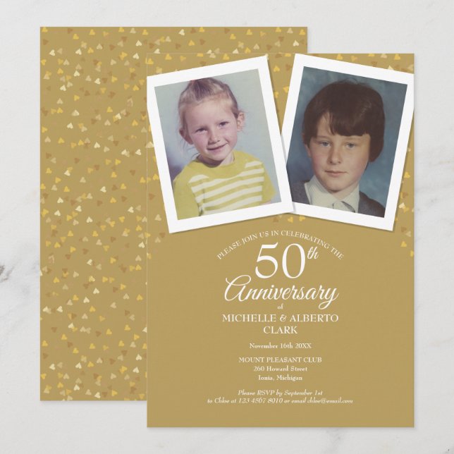 Golden 50th Wedding Anniversary Childhood Photos Invitation (Front/Back)