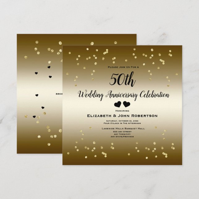 Golden 50th Wedding Anniversary Confetti Elegant Invitation (Front/Back)