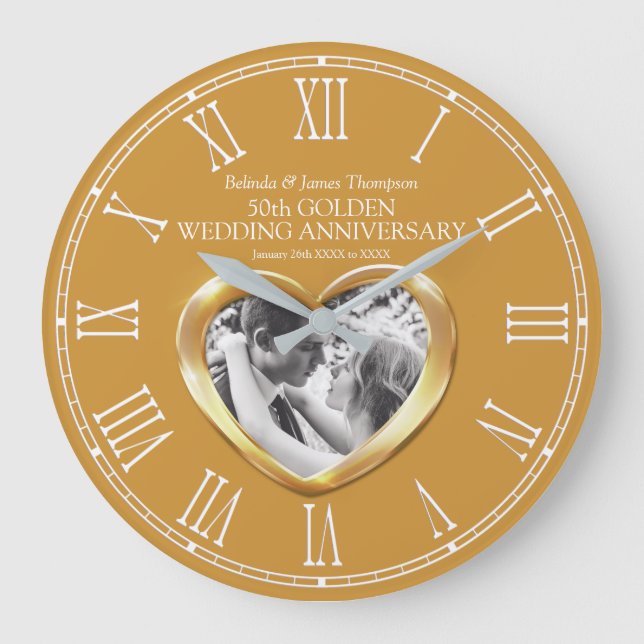 Golden 50th wedding anniversary custom photo heart large clock (Front)