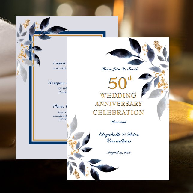 Golden 50th Wedding Anniversary Gold And Navy Invitation (Creator Uploaded)