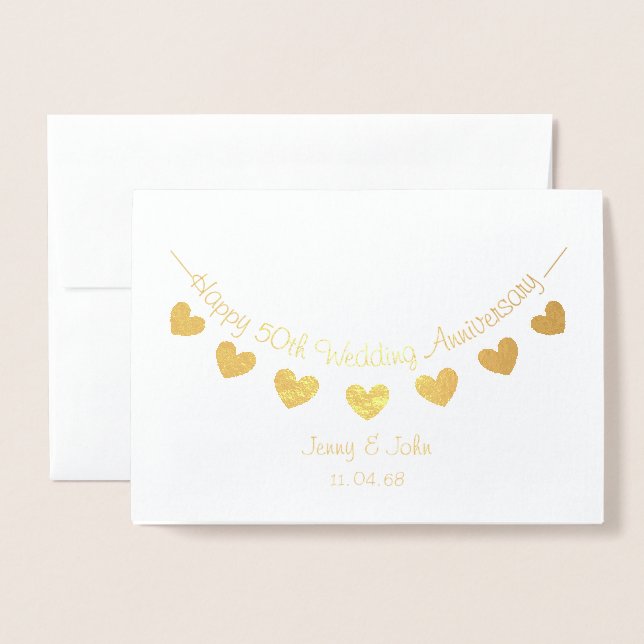 Golden 50th Wedding Anniversary heart bunting card (Front With Envelope)