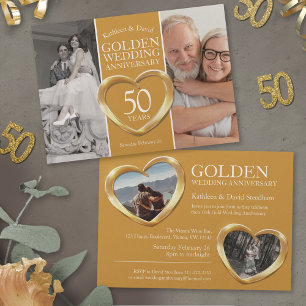 Golden 50th wedding anniversary heart party invitation