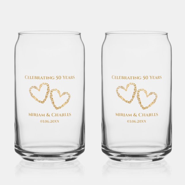 Golden 50th Wedding Anniversary Heart Personalised Can Glass (Front)