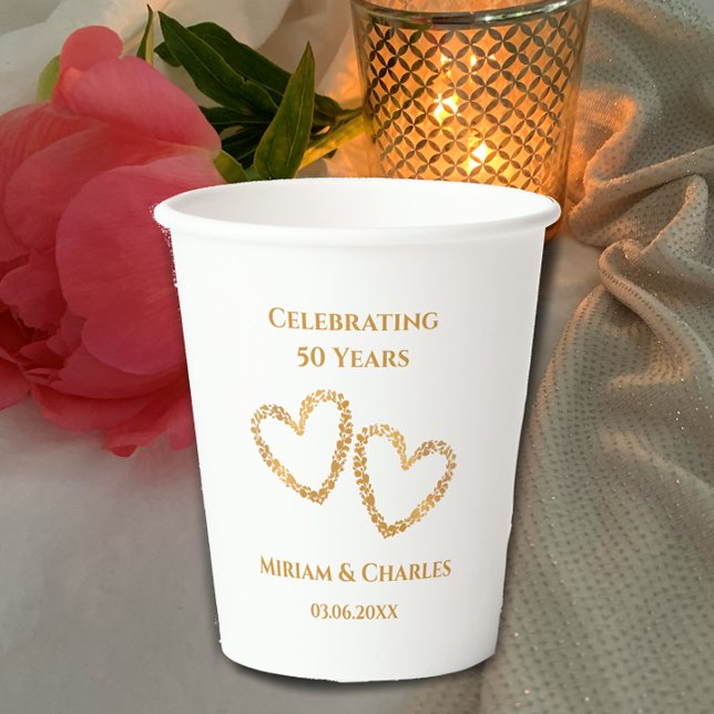 Golden 50th Wedding Anniversary Heart Personalised Paper Cups (Add couple’s names for personalized golden 50th anniversary party paper cups. Golden gradient hearts)