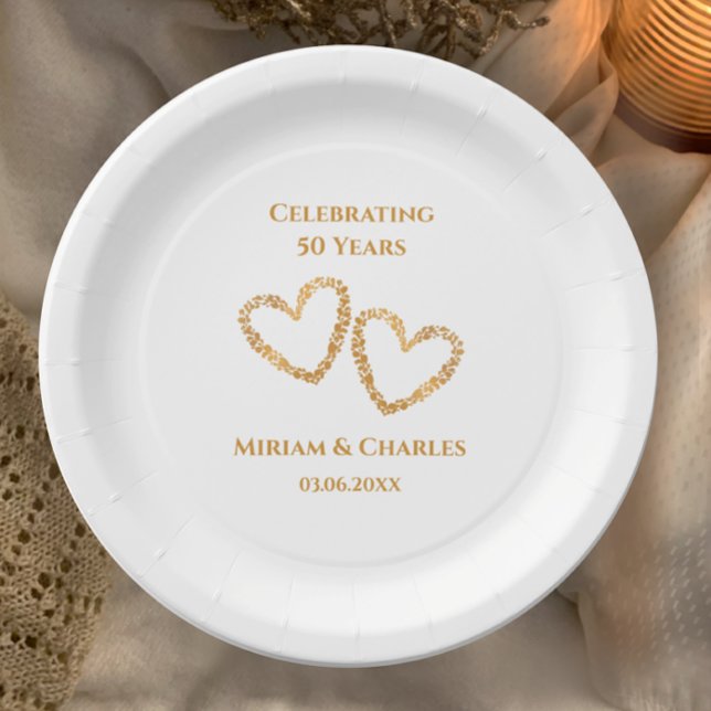 Golden 50th Wedding Anniversary Heart Personalised Paper Plate (Custom name and date golden heart 50th anniversary paper party plates, custom elegant modern.
)
