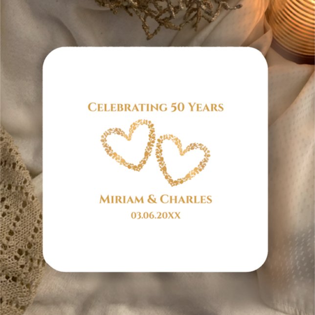 Golden 50th Wedding Anniversary Heart Personalised Square Paper Coaster (Personalize these simple elegant golden heart coasters for stylish 50th wedding anniversary table
)