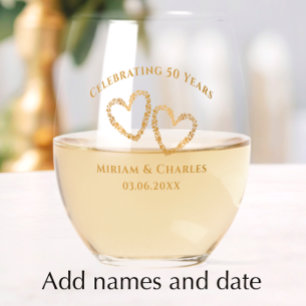 Golden 50th Wedding Anniversary Heart Personalised Stemless Wine Glass