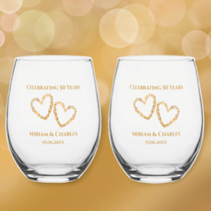 Golden 50th Wedding Anniversary Heart Personalised Stemless Wine Glass