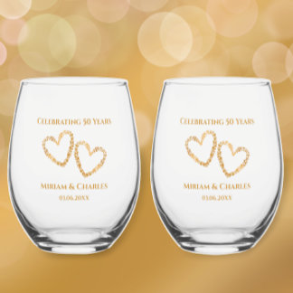 Golden 50th Wedding Anniversary Heart Personalised Stemless Wine Glass