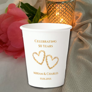 Golden 50th Wedding Anniversary Heart Personalized Paper Cups
