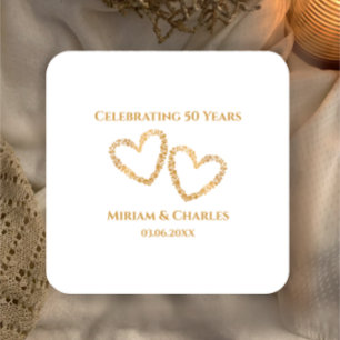 Golden 50th Wedding Anniversary Heart Personalized Square Paper Coaster