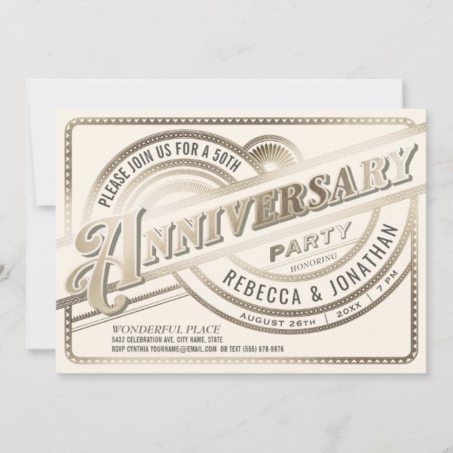 Golden 50th Wedding Anniversary Invitations White (Front)