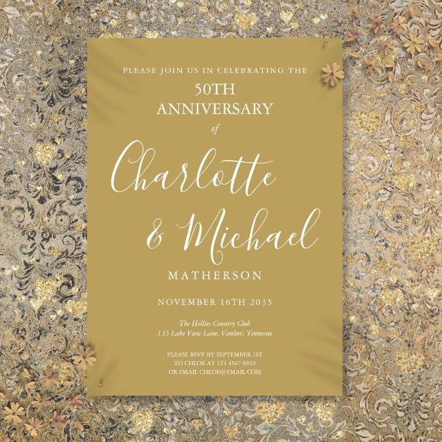 Golden 50th Wedding Anniversary Modern Script Invitation (Golden 50th Wedding Anniversary Modern Script Invitation)