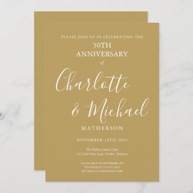 Golden 50th Wedding Anniversary Modern Script Invitation (Front/Back)