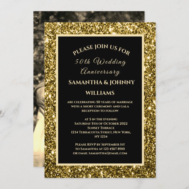 Golden 50th Wedding Anniversary Photo Gold Invitation (Front/Back)