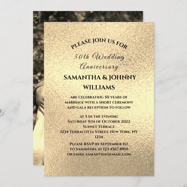 Golden 50th Wedding Anniversary Photo Gold Invitation (Front/Back)