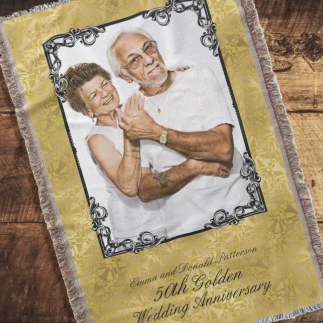 Golden 50th Wedding Anniversary Photo Monogram Throw Blanket (Creator Uploaded)