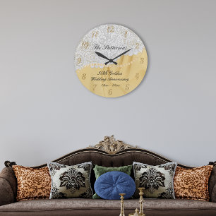 Golden 50th Wedding Anniversary Satin Lace Large Clock