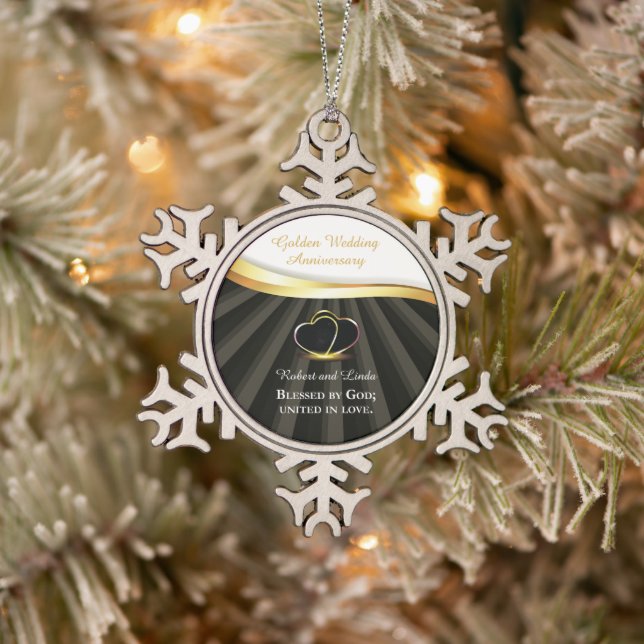 Golden 50th Wedding Religious Anniversary  Snowflake Pewter Christmas Ornament (Tree)