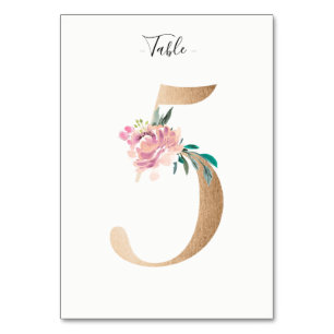 Golden 5 Floral Table Number Card