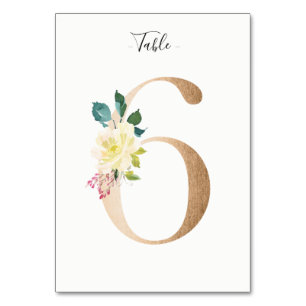 Golden 6 Floral Table Number Card