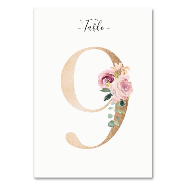 Golden 9 Floral Table Number Card (Front)