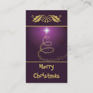 Golden abstract Christmas Tree on glowing purple Business Card