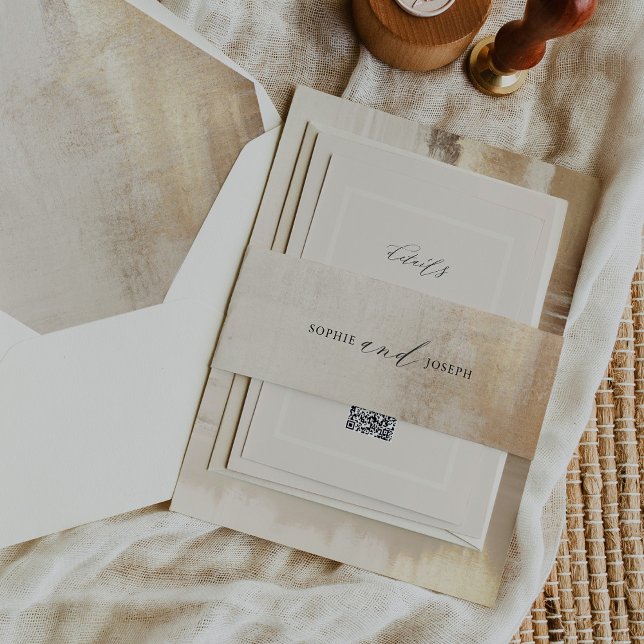 Golden Abstract | Elegant Wedding Invitation Belly Band (An elegant, neutral gold abstract look and classic calligraphy make one stunning wedding belly band)