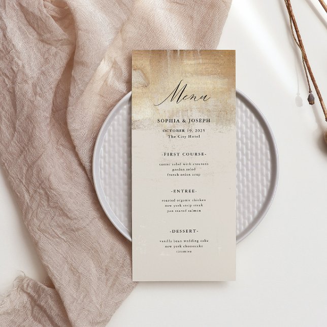 Golden Abstract | Elegant Wedding Menu (An elegant, neutral colored wedding menu with faux gold abstract accents)