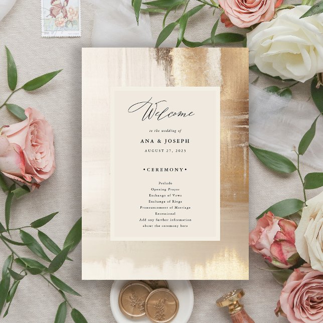 Golden Abstract | Elegant Wedding Program (An elegant, modern wedding program with a gold abstract border and a neutral beige center)