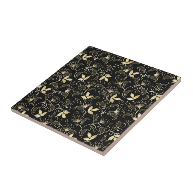 Golden Abstract Floral on Black Background Ceramic Tile (Side)
