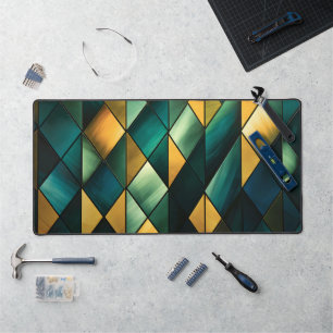Golden Abstract Green Geometric Desk Mat