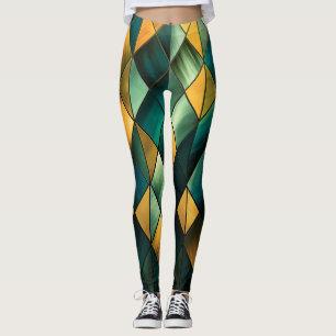 Golden Abstract Green Geometric Leggings