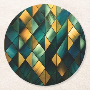 Golden Abstract Green Geometric Round Paper Coaster