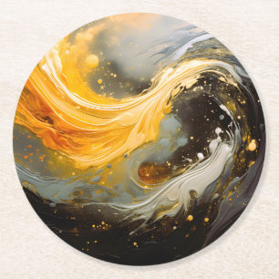 Golden Abstract Marble Modern Waves Round Paper Coaster
