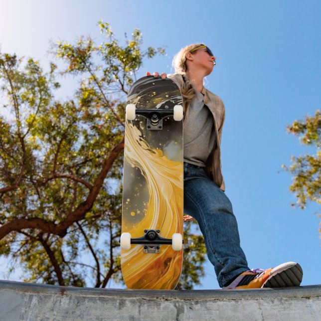 Golden Abstract Marble Modern Waves Skateboard (Outdoor 1)