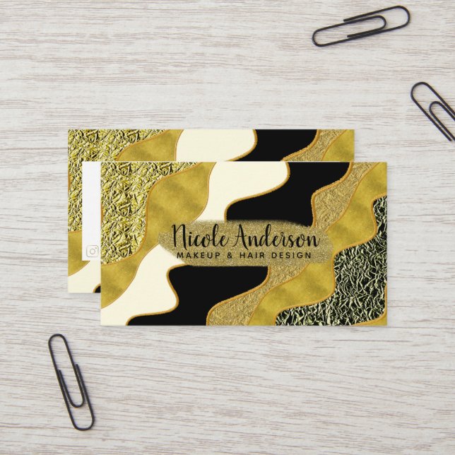 Golden Abstract Wave Modern Gold Glam Trendy Business Card (Front/Back In Situ)