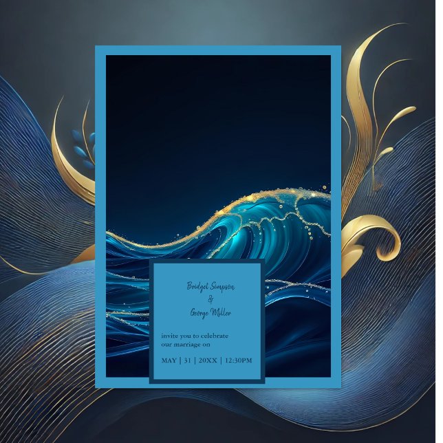 Golden Accented Abstract Ocean Waves wedding Invitation (Creator Uploaded)