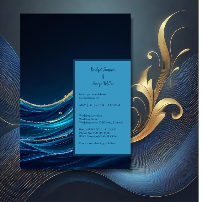 Golden Accented Abstract Ocean Waves wedding Invitation (Creator Uploaded)