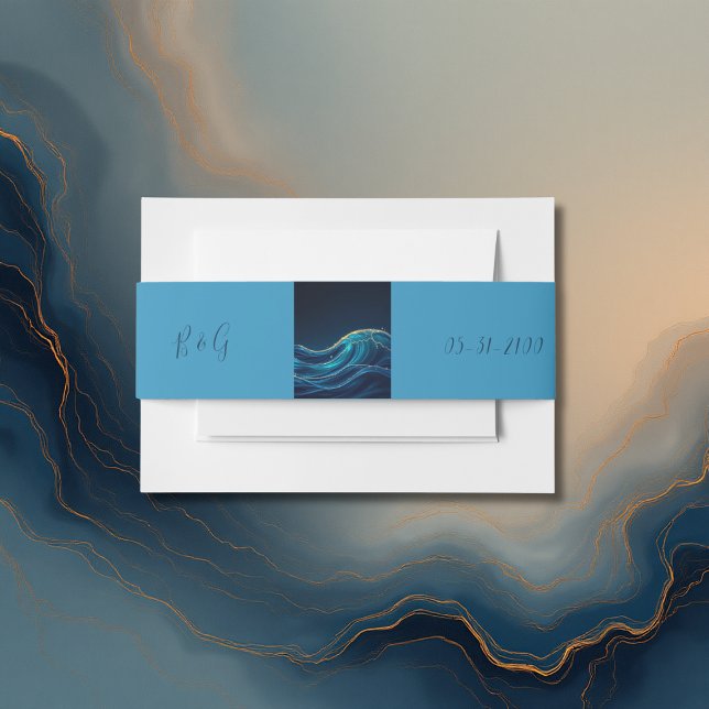 Golden Accented Abstract Ocean Waves wedding Invitation Belly Band (Creator Uploaded)