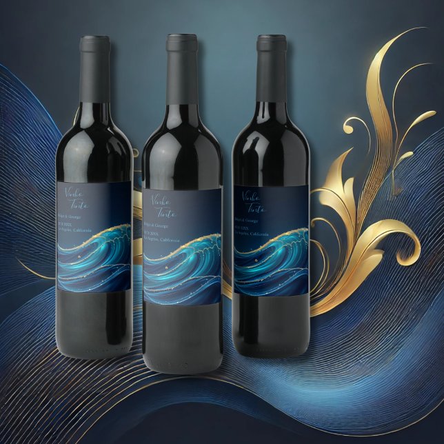 Golden Accented Abstract Ocean Waves wedding Wine Label (Creator Uploaded)