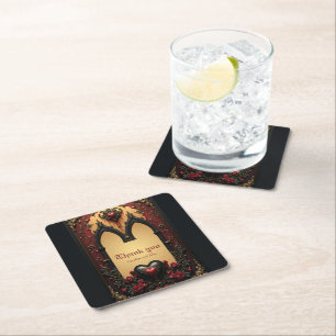Golden accents, red roses, and a heart square paper coaster