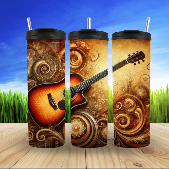 Golden Acoustic Guitar Abstract Art Thermal Tumbler (Creator Uploaded)