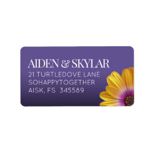 Golden African Daisy on Purple Background Wedding Label