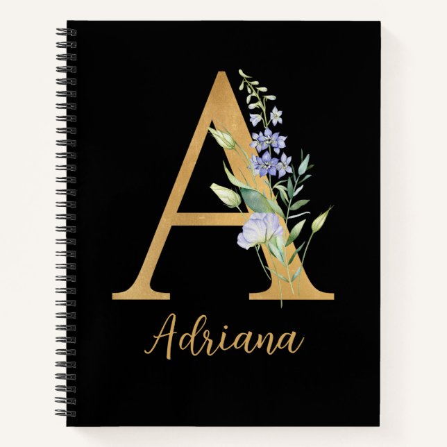 Golden Alphabet A With Flower Personalised Notebook (Front)