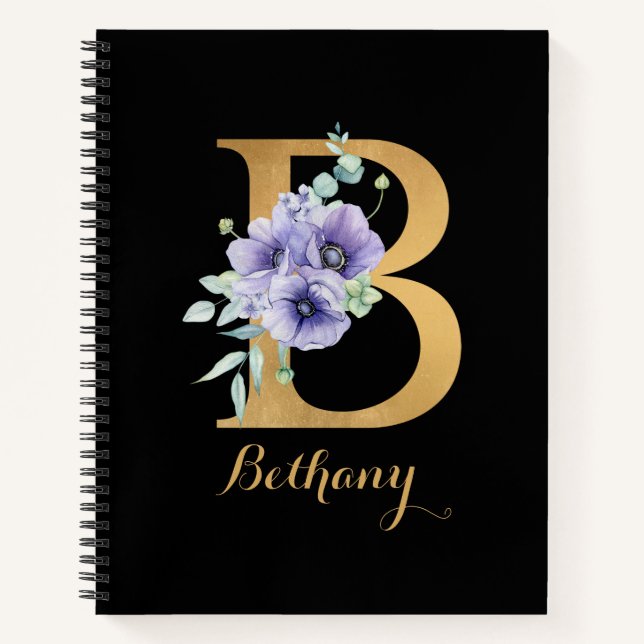 Golden Alphabet B With Flower Personalised Notebook (Front)