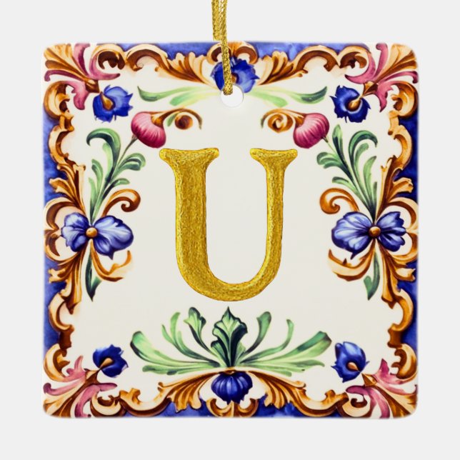 Golden Alphabet – Letter U Ceramic Ornament (Front)